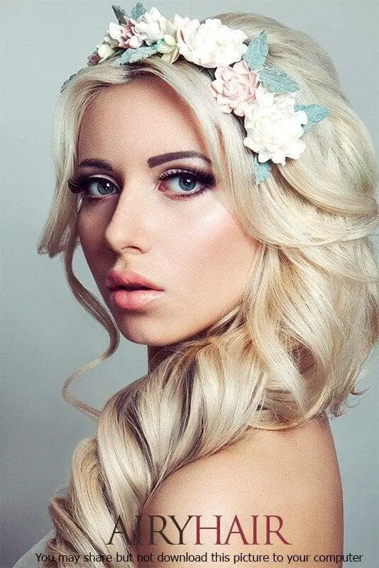 Blond girl hairstyle with white and red flowers