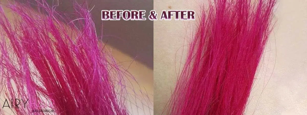 Skadede hårforlengelser, før og etter reparasjon