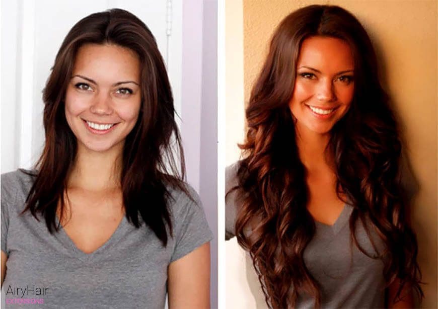 Hair extensions, before and after, brunette