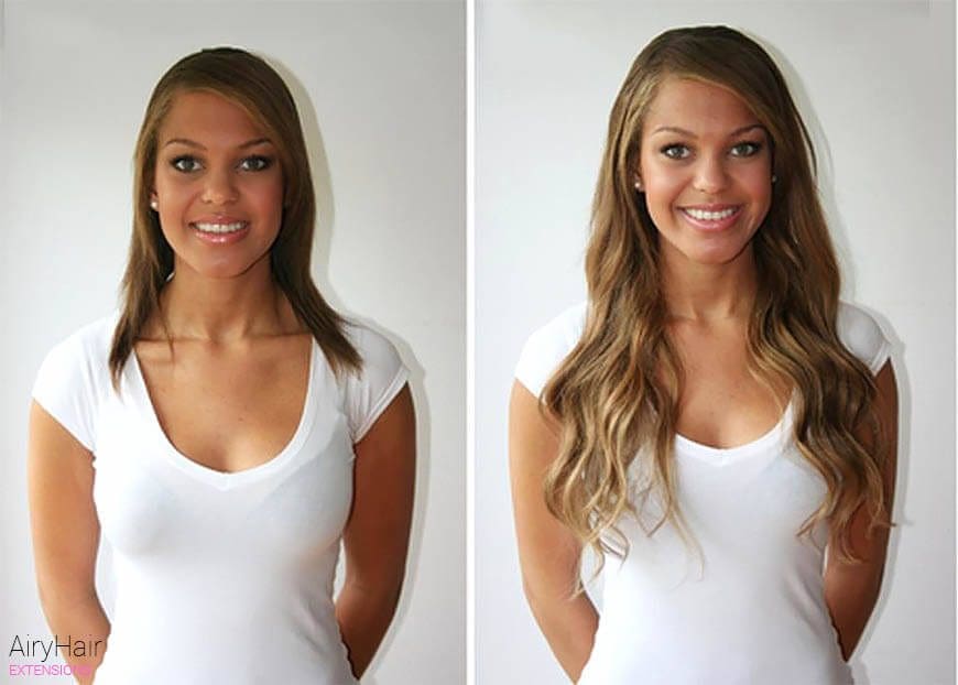 Clip in hair extensions, before and after transformation