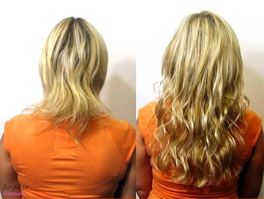 Keratin hair extensions, before and after