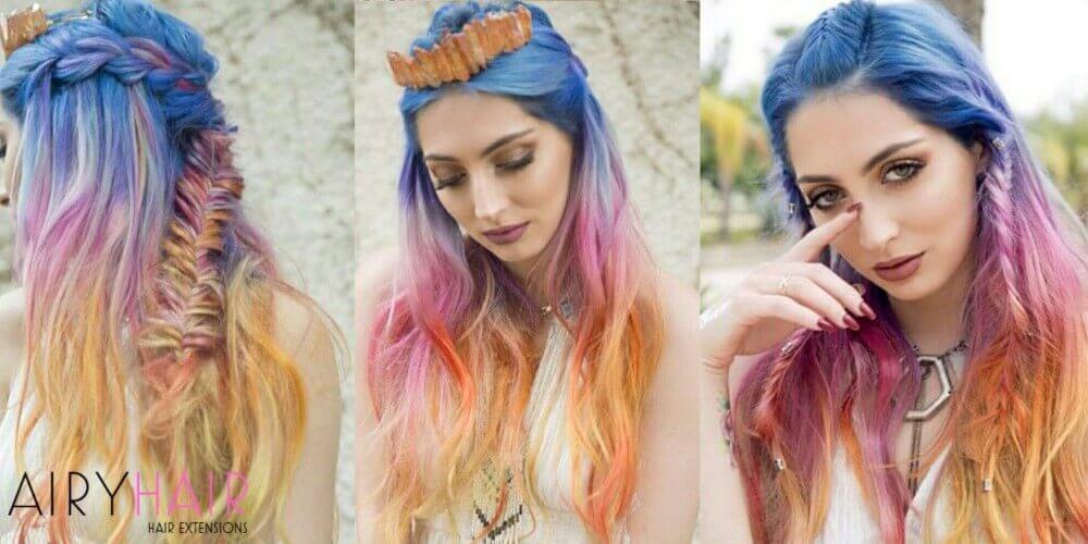 Blue pink orange hair extensions