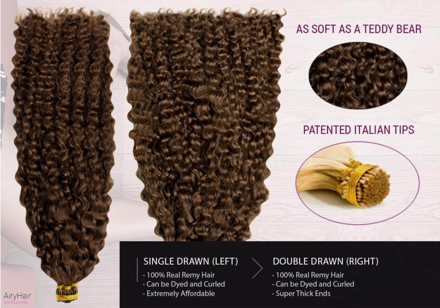 100% Ægte Menneskehår - Remy Cold Fusion Stick Hår Extensions (Krøllet)