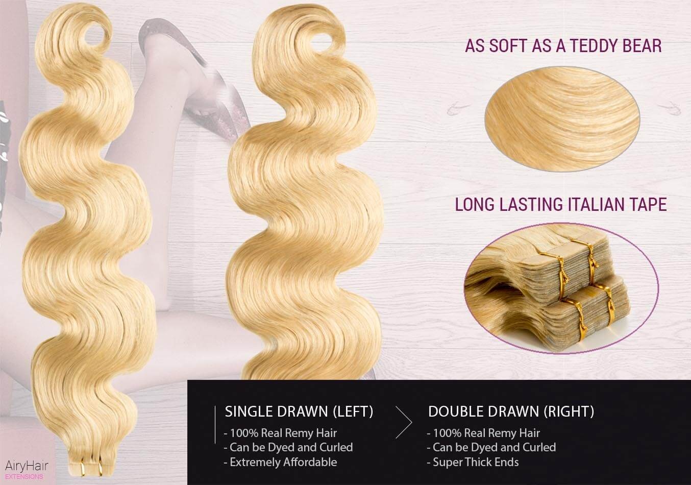 Lot De 10-40 Bandes Extensions Cheveux Naturels REMY - Adhésives, Longueur 49-60 Cm, Marque Majorextension